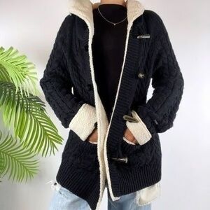 Cabela’s Deer Lodge Cardigan Sweater Womens XL Sherpa Lined Cable Knit Black